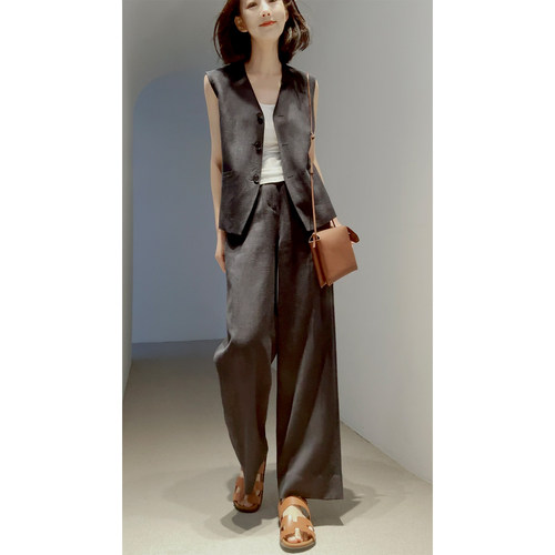 高支垂顺亚麻莱赛尔阔腿裤裙马甲