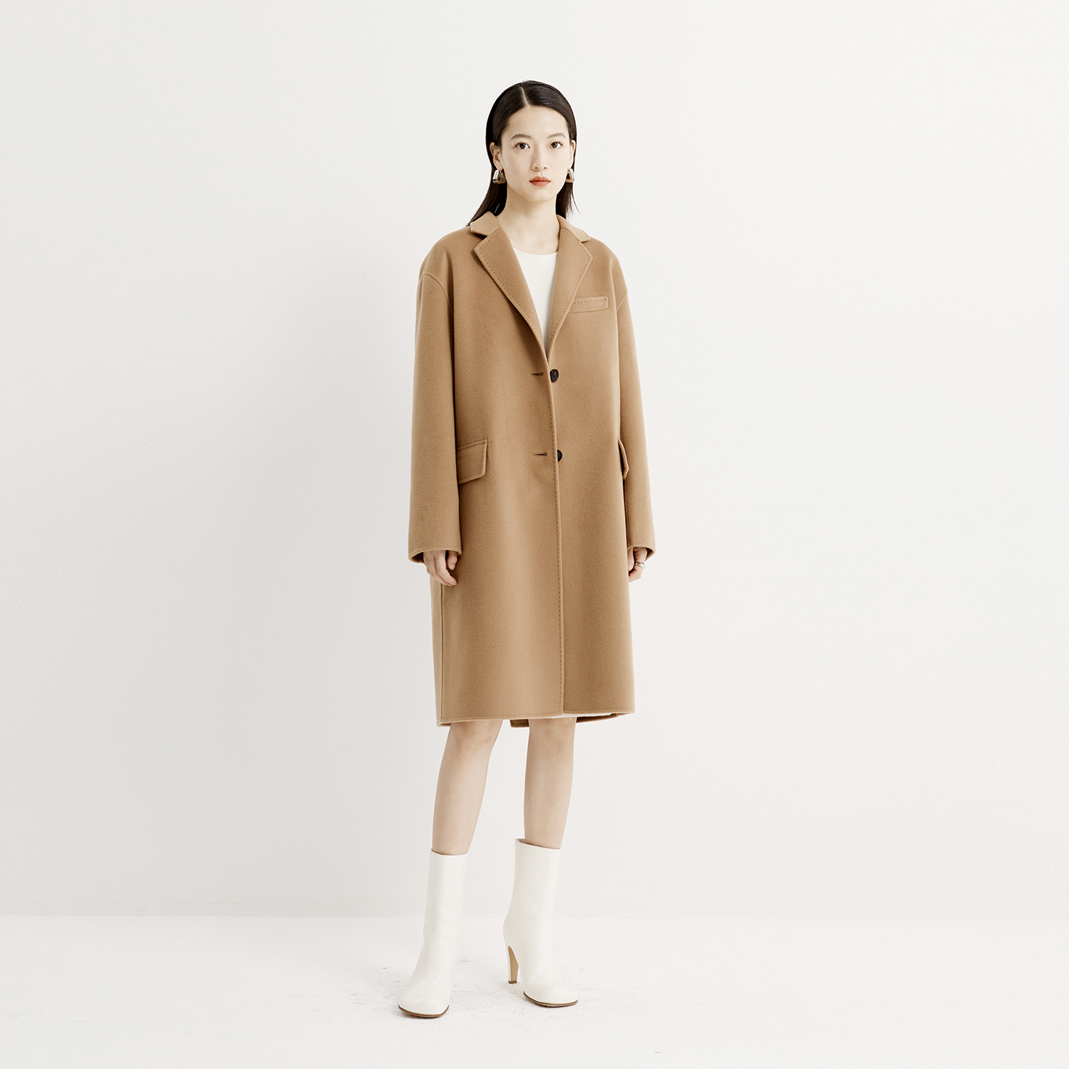 戎美 【DY0906661】笈简通勤 澳毛桑蚕丝拱针双面呢中长大衣外套