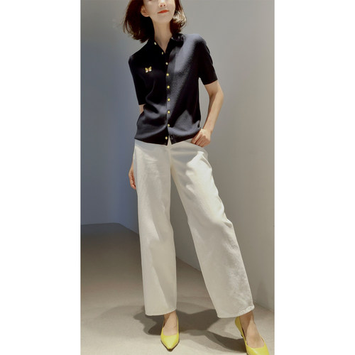 戎美 【120s可水洗扬子纱线】16针轻薄刺绣蝴蝶短袖针织开衫の