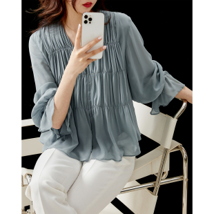 双层手工褶皱水袖 狠耗料 桑蚕丝 乔其真丝小衫 CY0322564