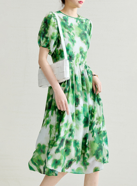 QZ0711954 《莫奈花园》温柔且浪漫花朵仙女度假风桑蚕丝连衣裙