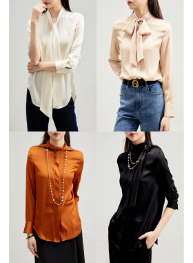 戎美【CY0222461】优雅通勤弹力真丝飘带长袖衬衫上衣女