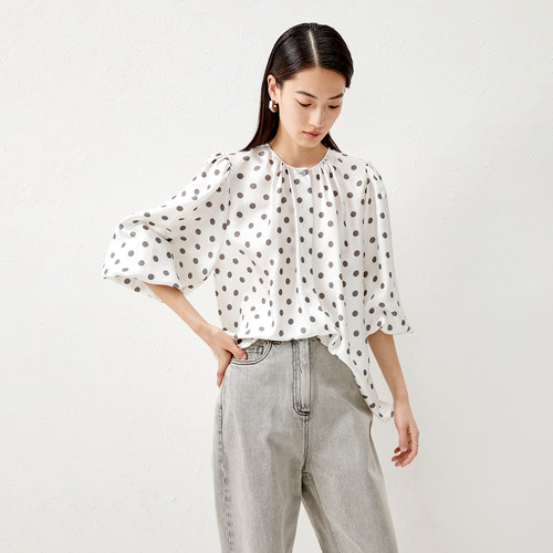 戎美【CY0307615】重磅~定制6A桑蚕丝/白底圆点印花 复古圆领衬衫