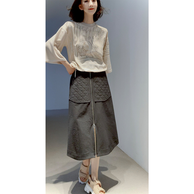 针梭拼精纺羊毛真丝印花廓袖套衫