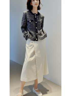 26名媛香风【*禾同款/美利奴羊毛/编织软花呢】白牛骨扣开衫/半裙