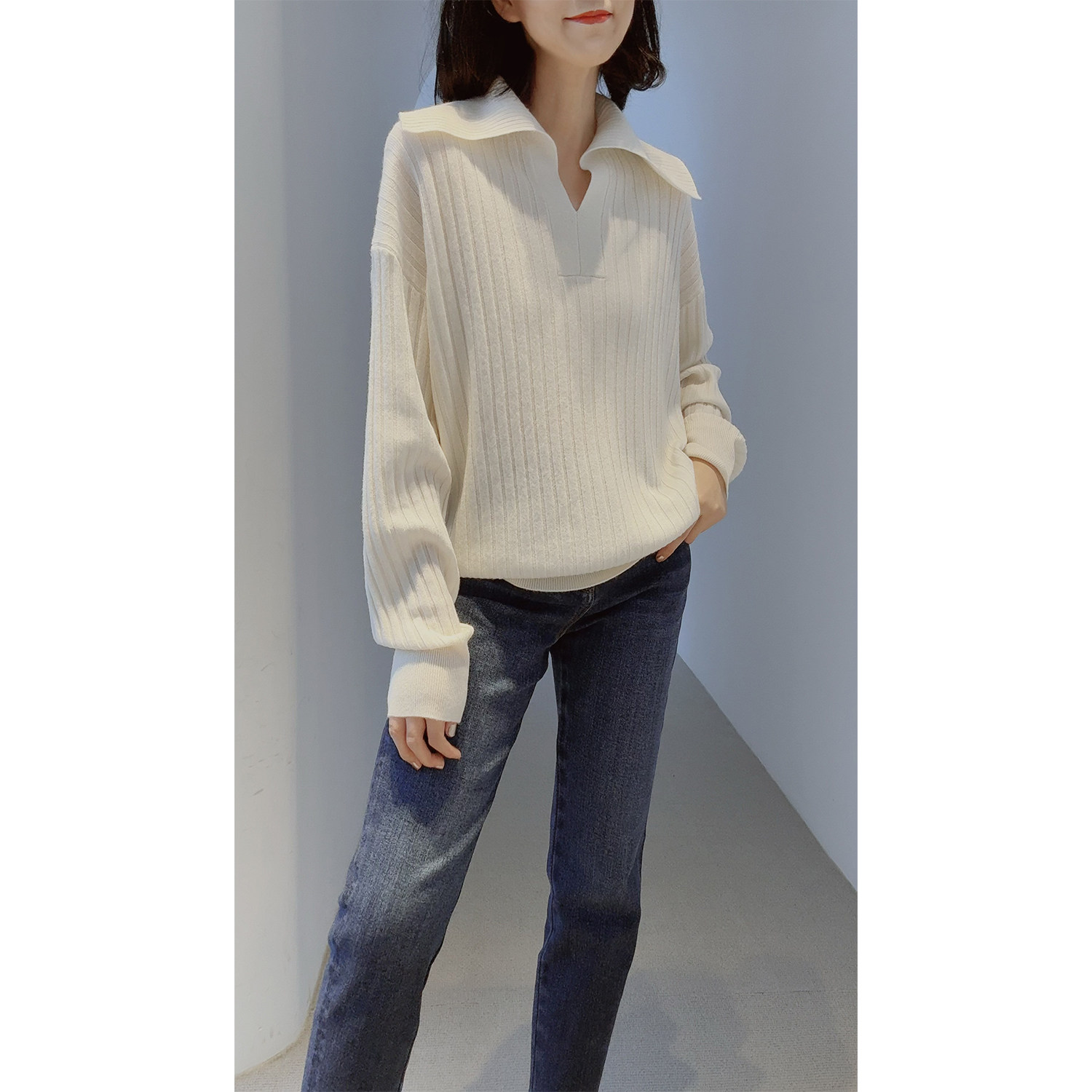 戎美羊绒水手领针织衫冬季原色595元