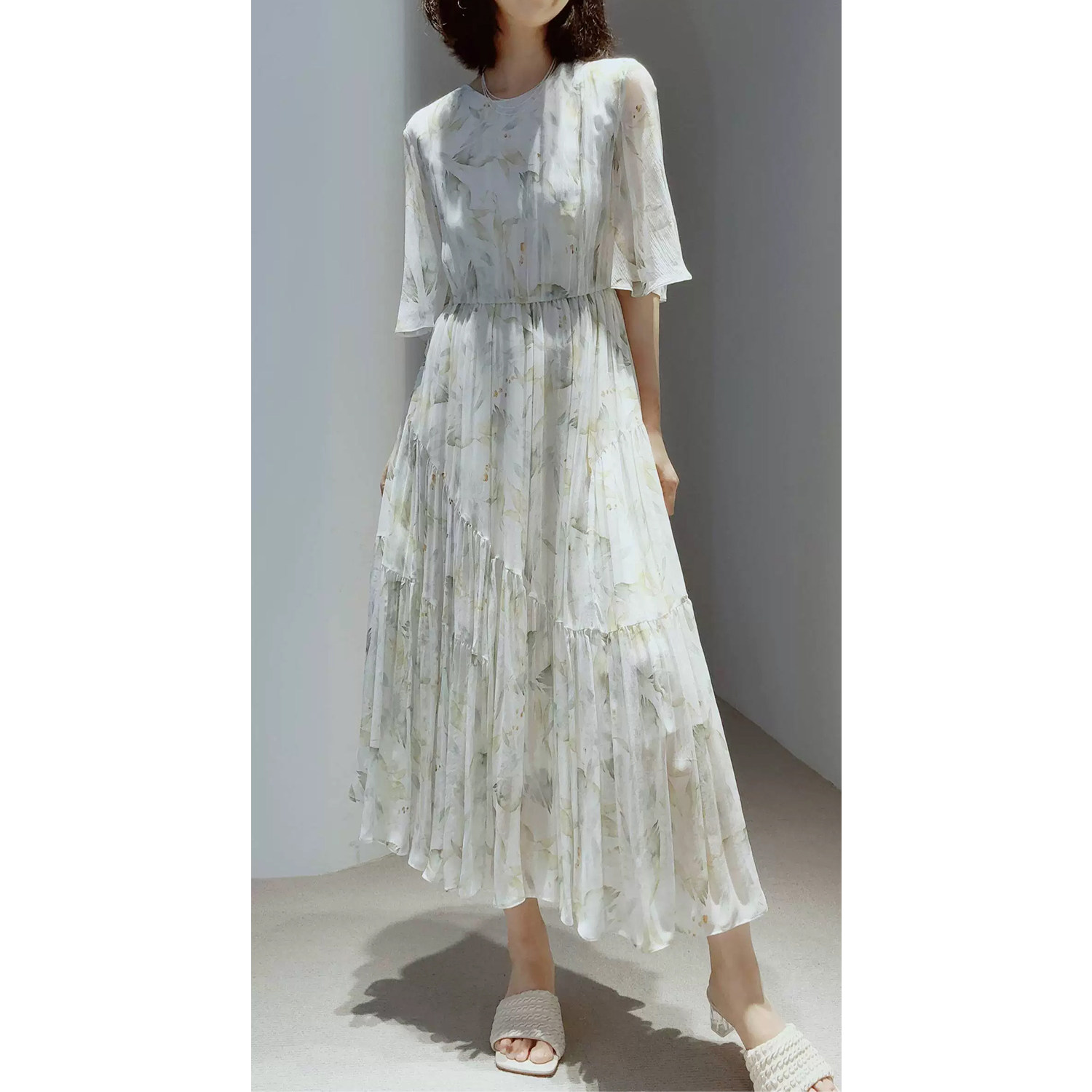 戎美【QZ0427759】"叶影藏夏" 6A级桑蚕丝印花浪漫/唯美仙女长裙