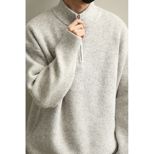 LH store日系立领半拉炼毛衣男春秋休闲宽松慵懒风套头针织衫外套