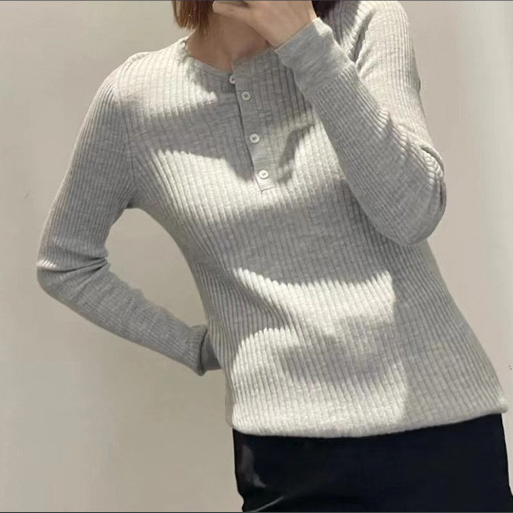 圆领套头钮扣弹性罗纹修身打底衫羊毛混纺灰色 毛针织衫秋冬 女
