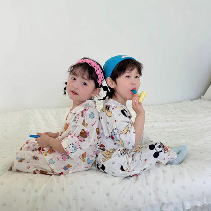 夏季儿童睡衣短袖长裤纱布亲子家居服男女童两件翻领开衫宽松套装