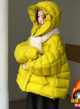 女童泡芙花苞帽羽绒服女孩短款加厚面包服黄色巨好看冬季羽绒外套