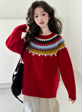 女童秋冬加厚新年红色毛衣2026新款儿童圣诞拜年服女孩针织打底衫