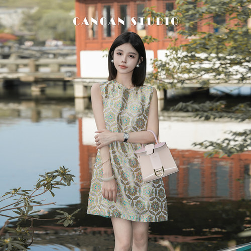 宋锦小彩莲新中式连衣裙