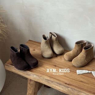 2025年秋冬季新款儿童靴子复古百搭英伦风宝宝鞋子绒面女童短靴