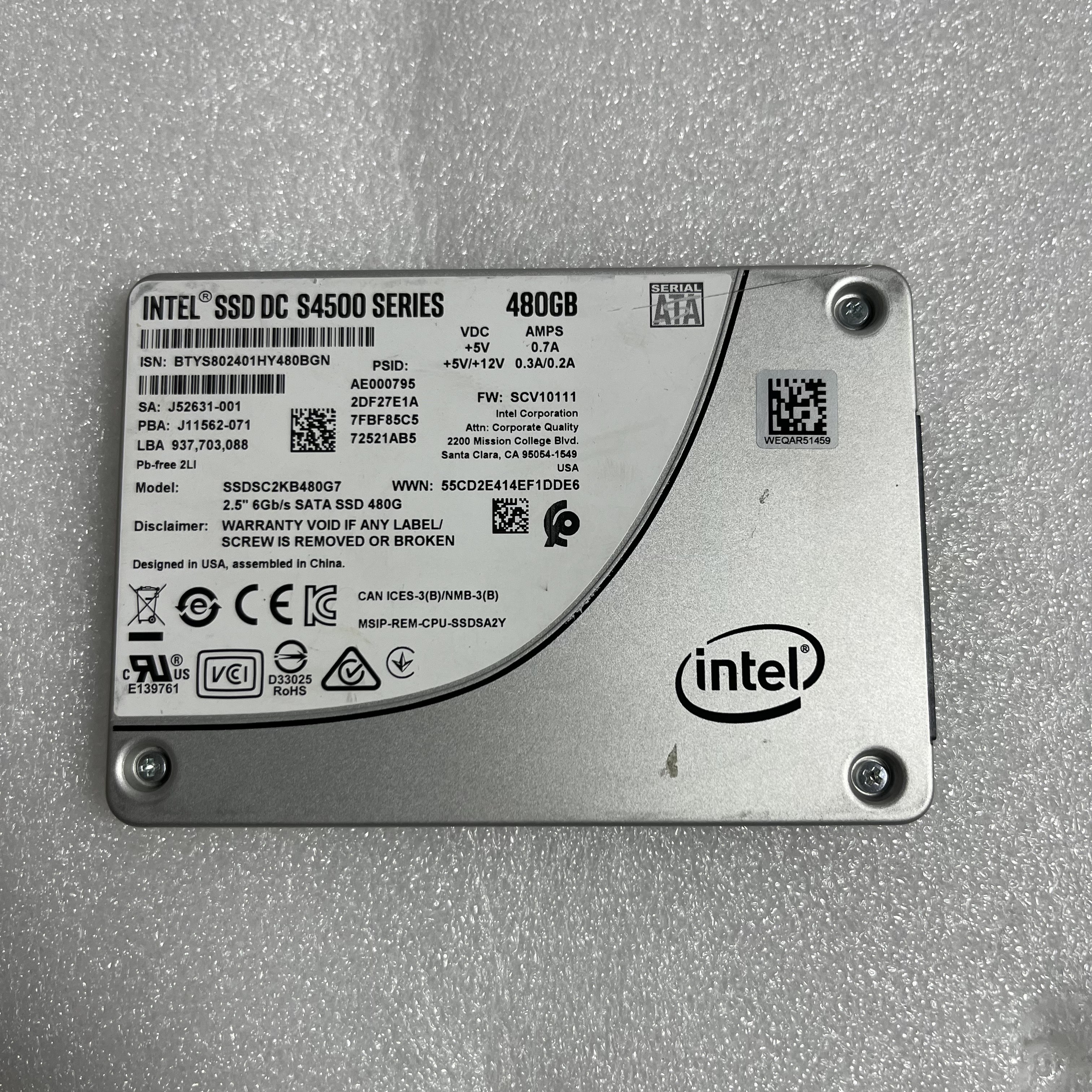 INTEL SSDSC2KB480G7 S4500 480G SSD SATA 6.0 拆机正品现货