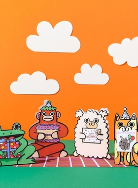 英国品牌Wrap 萌系儿童生日贺卡 可爱顽皮动物宝宝异形折叠卡片