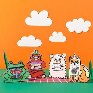 英国品牌Wrap 可爱顽皮动物宝宝异形折叠卡片 萌系儿童生日贺卡