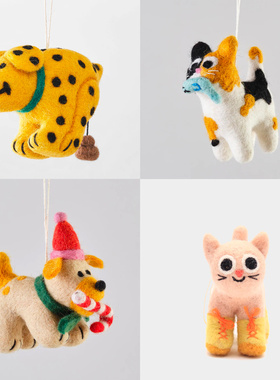 呆萌猫狗手工毛毡玩偶挂饰 英国进口 Wrap 圣诞装饰动物挂件礼物