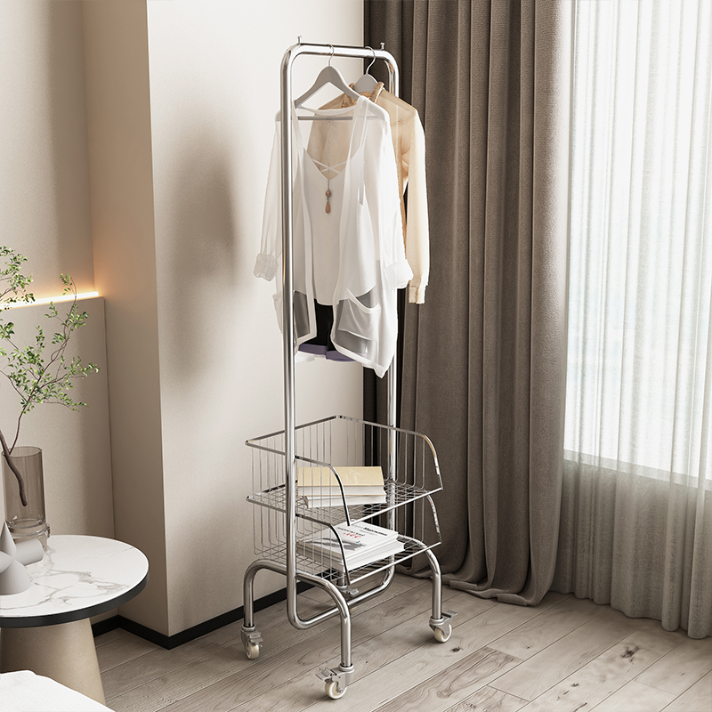 不锈钢落地衣帽架带篮子可移动