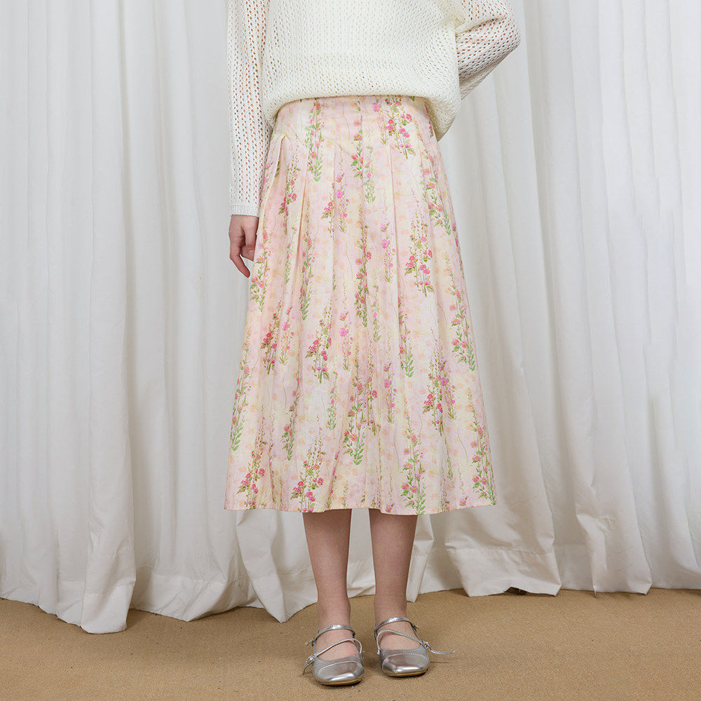 BZXO法式复古碎花半身裙女春秋2026新款气质宽松显瘦压褶裙中长裙