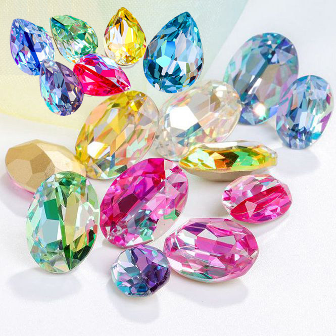 DIY手工芭蕾皇冠椭圆人造水晶钻材料镭射双拼炫彩水滴尖底钻配件