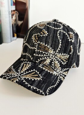 刺绣新款亮片硬顶牛仔鸭舌帽子女士韩版遮阳休闲旅游显脸小棒球帽