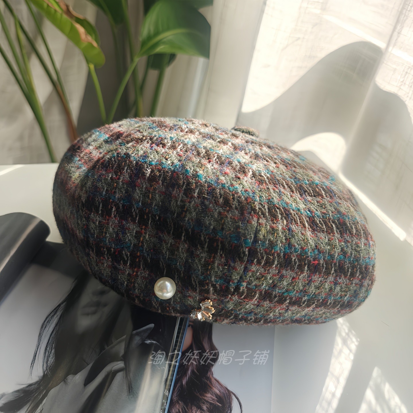 格纹贝雷帽女秋冬羊毛复古八角