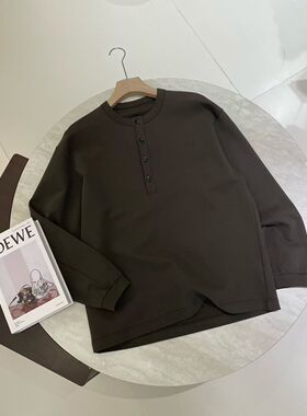 慵懒风亨利领长袖卫衣男女宽松纽扣上衣舒适休闲咖啡色