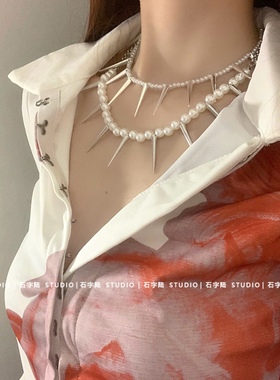 长铆钉珍珠项链choker锁骨链