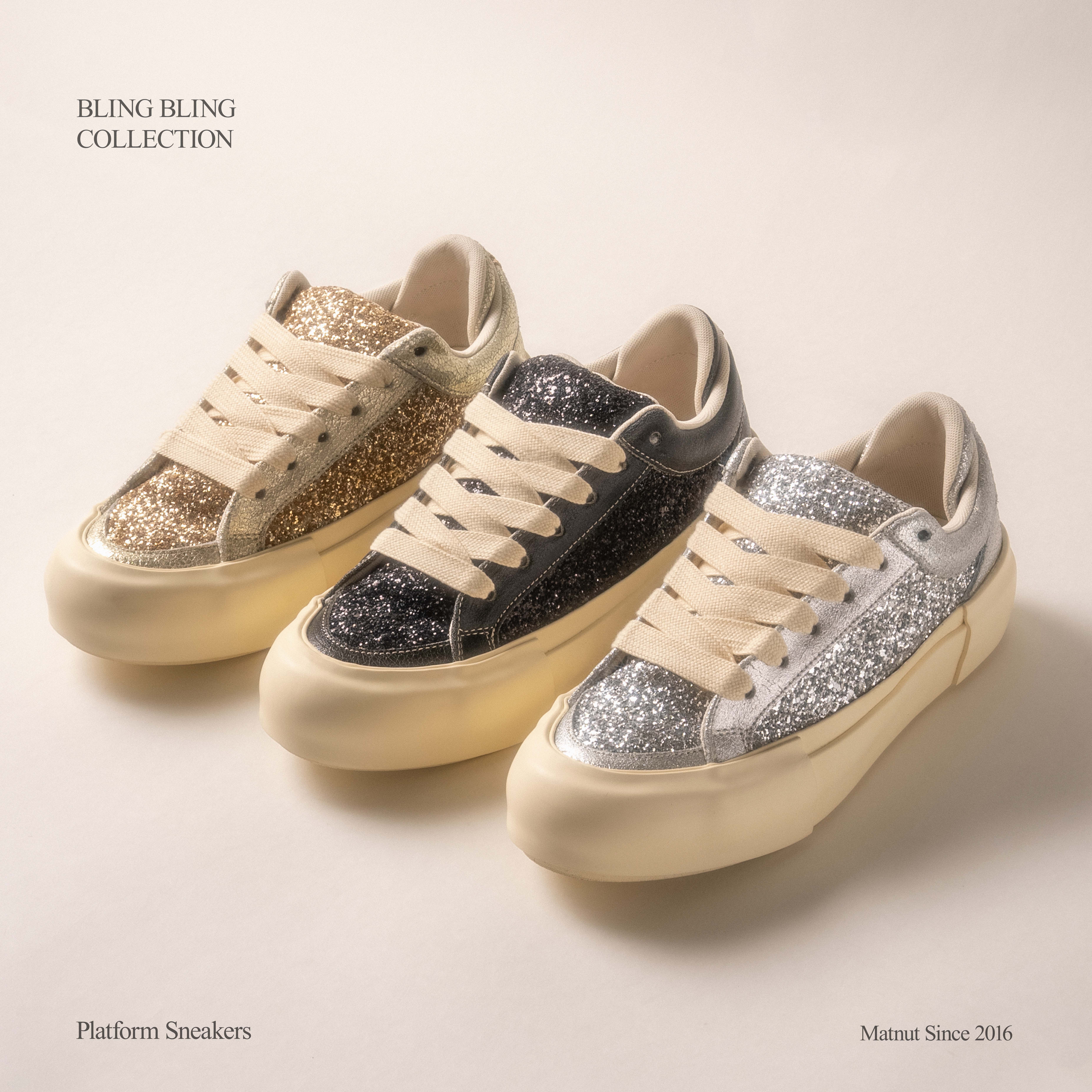 MATNUT BLING BLING 闪钻亮片 黑金银色 厚底增高板鞋 明星同款