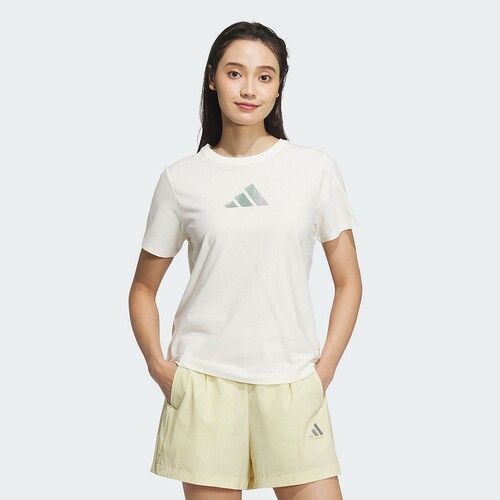 adidas阿迪达斯半截袖2025夏女缀熔融金属感徽标短袖T恤JM8803