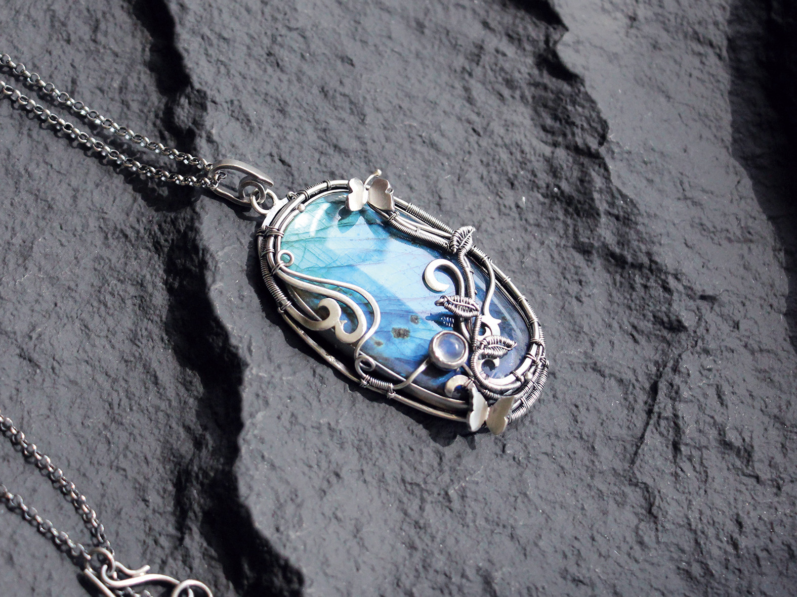 天然拉长石原创设计纯银绕线镶嵌项链