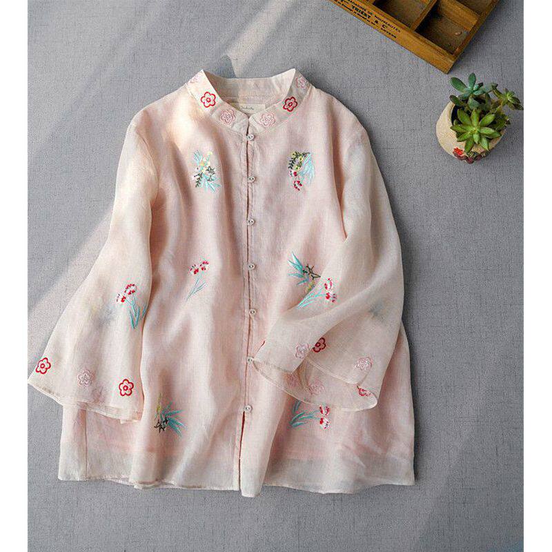 中国风重工刺绣复古雪纺衬衫女夏季高级感薄款别致超仙七分袖上衣