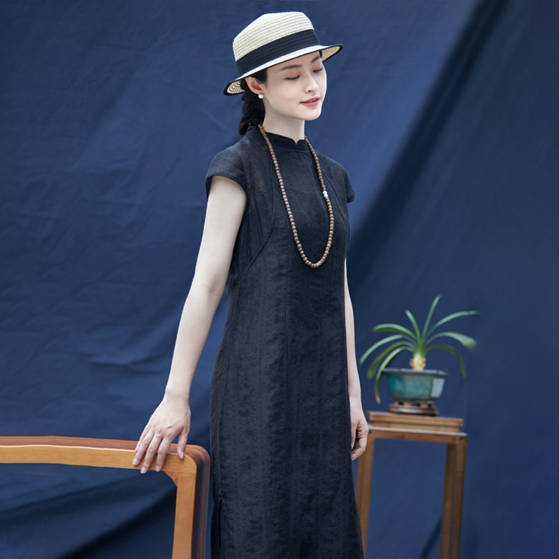 高级感国风气质绝美黑色短袖连衣裙女夏季薄款法式改良旗袍长裙子