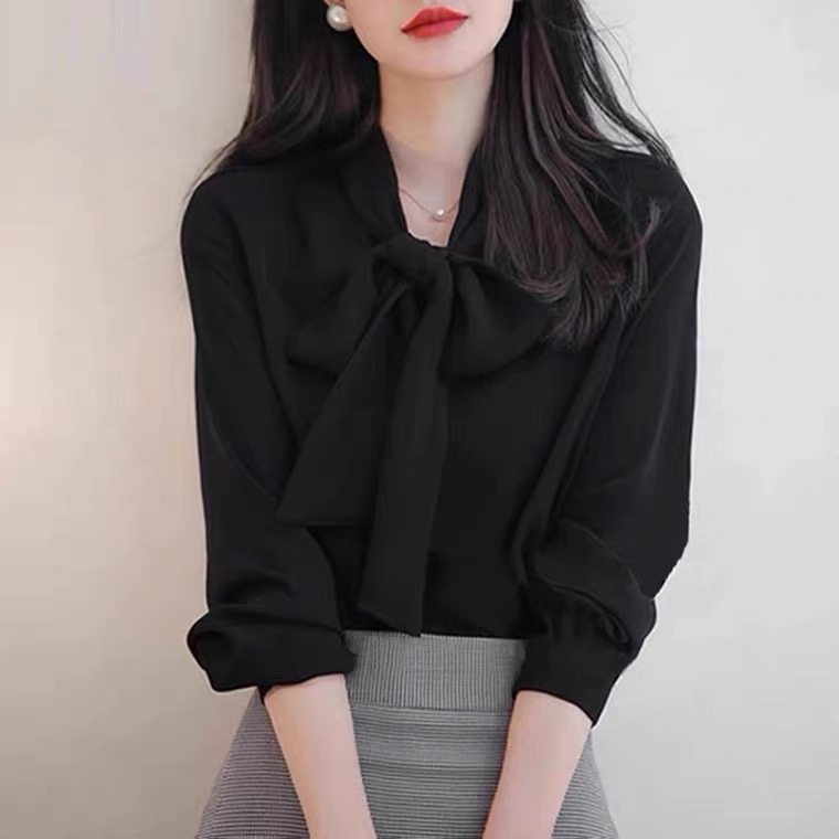 雪纺衬衫女春秋宽松时尚设计感别致上衣百搭轻奢OL气质蝴蝶结衬衣