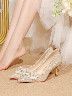 女2024新款 主婚纱新娘鞋 平时可穿伴娘鞋 卓诗尼尖头婚鞋 法式 水晶鞋