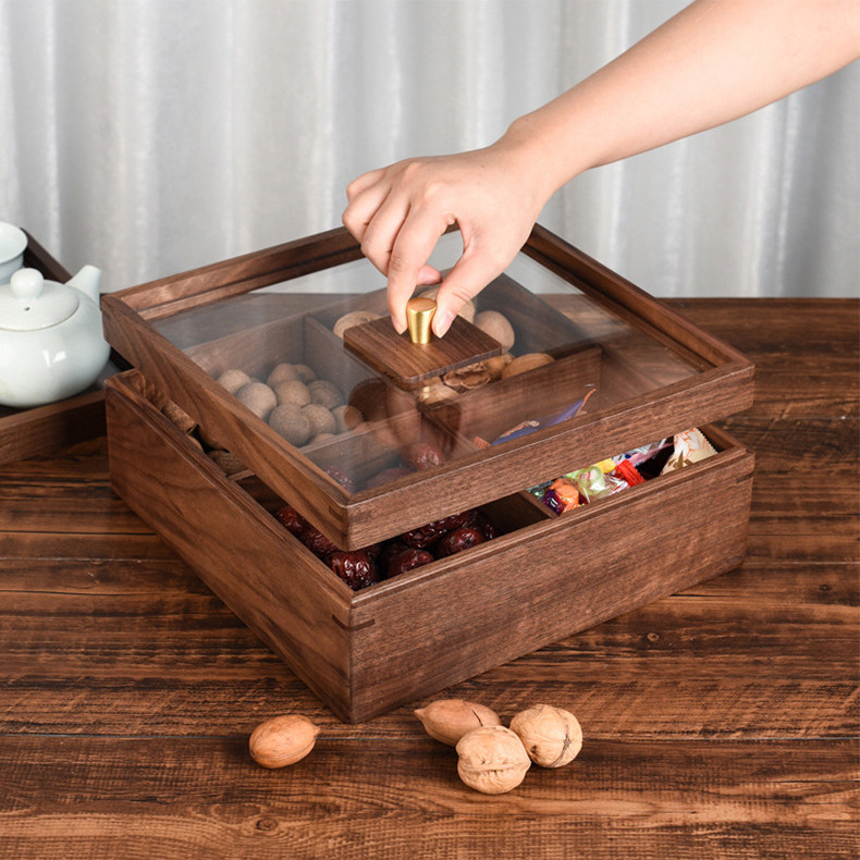 实木干果盒密封防潮过年客厅坚果盒新中式轻奢零食盒收纳盒糖果盘