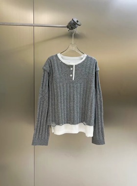 Fan LeoNa假两件拼接衬衫羊毛长袖针织衫秋冬宽松套头上衣 5339