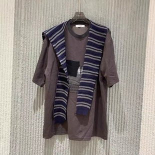 撞色圆领短袖 ph23时尚 印图条纹披肩T恤女3937 新款 欧洲站2025秋季