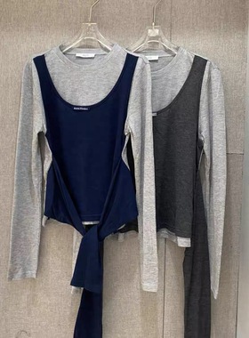 欧洲站2025秋季新款PH23撞色假两件T恤女后绑带显瘦长袖上衣3830
