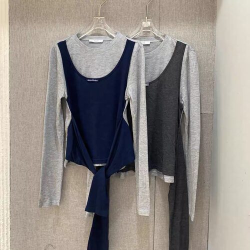 欧洲站2025秋季新款PH23撞色假两件T恤女后绑带显瘦长袖上衣3830