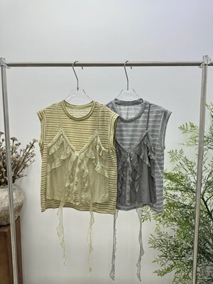 欧洲站女装新款正品2026春季拼接花边吊带条纹背心 22217