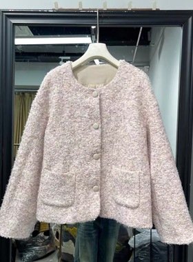 欧洲站2025冬季新款圆领混色系单排扣洋气减龄羊毛长袖外套70163