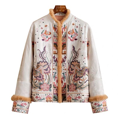 新中式醋酸夹棉水貂毛刺绣外套女2025冬季百搭国风上衣 25870
