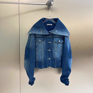 LeoNa 秋夹克衫 大翻领长袖 牛仔外套女 3358 褶裥下摆短款 Fan