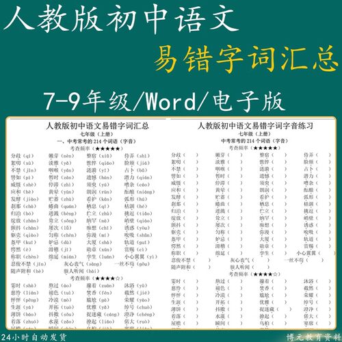 人教初中语文七八九年级易错字词汇总资料中考常考字音字形电子版