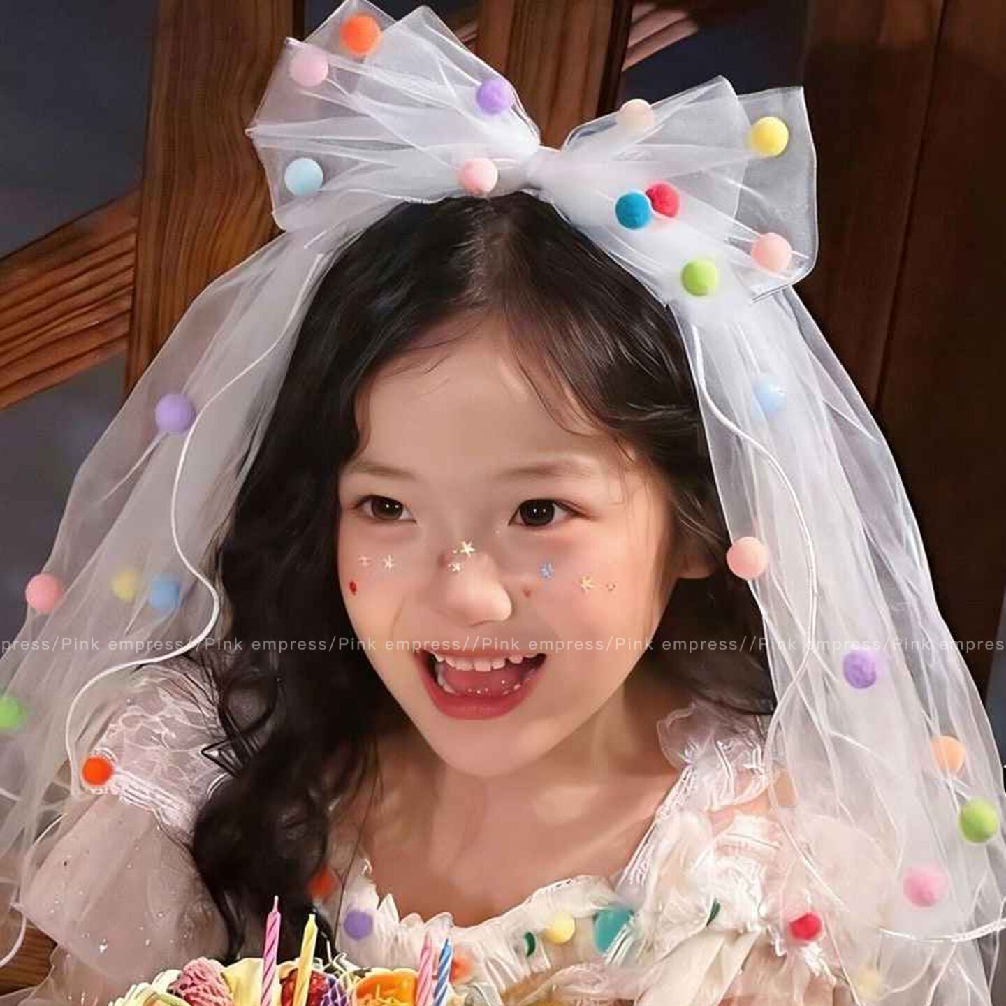 多巴胺彩球网纱蝴蝶结儿童生日头纱发夹女童氛围感小公主发卡头饰