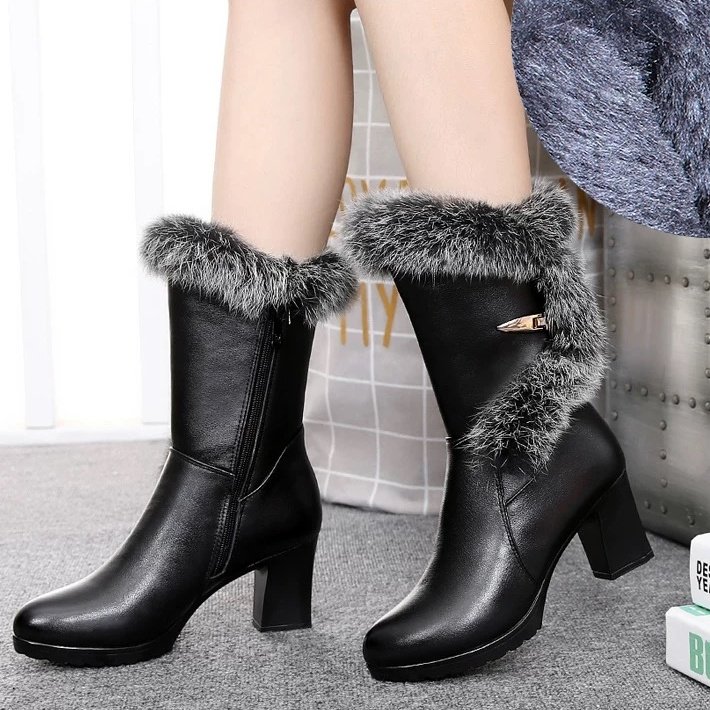 真皮毛毛短靴女粗跟高跟中筒靴冬季保暖防水台侧拉链棉靴子时装靴,女鞋,时装靴,淘宝优惠券,粉丝福利购,淘宝优惠卷