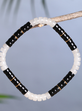 天然和田玉墨玉白玉药片珠手链
