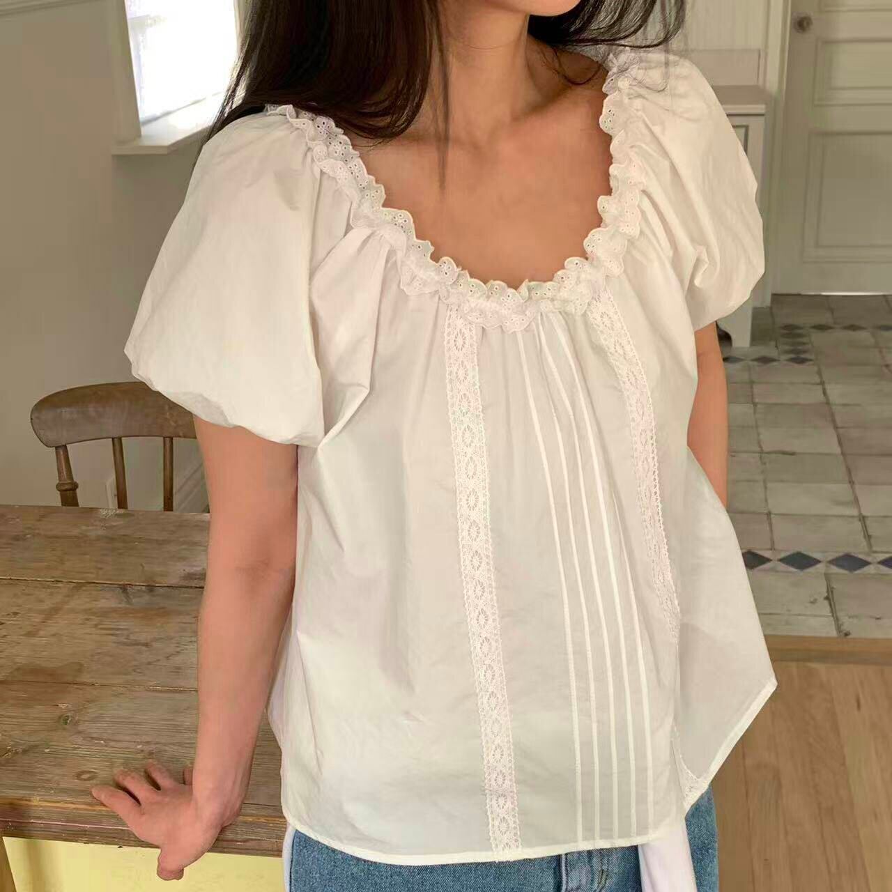 韩国东大门欧尼同款甜美可爱蕾丝木耳花边泡泡短袖衬衫上衣夏季新